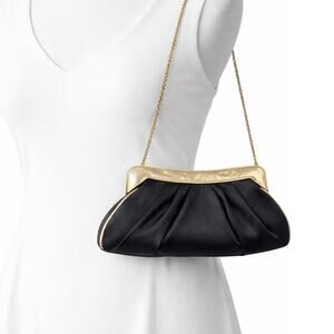 Franchi Black Pleated Clutch Gold Frame Evening Bag Chain Strap 10" EUC Formal